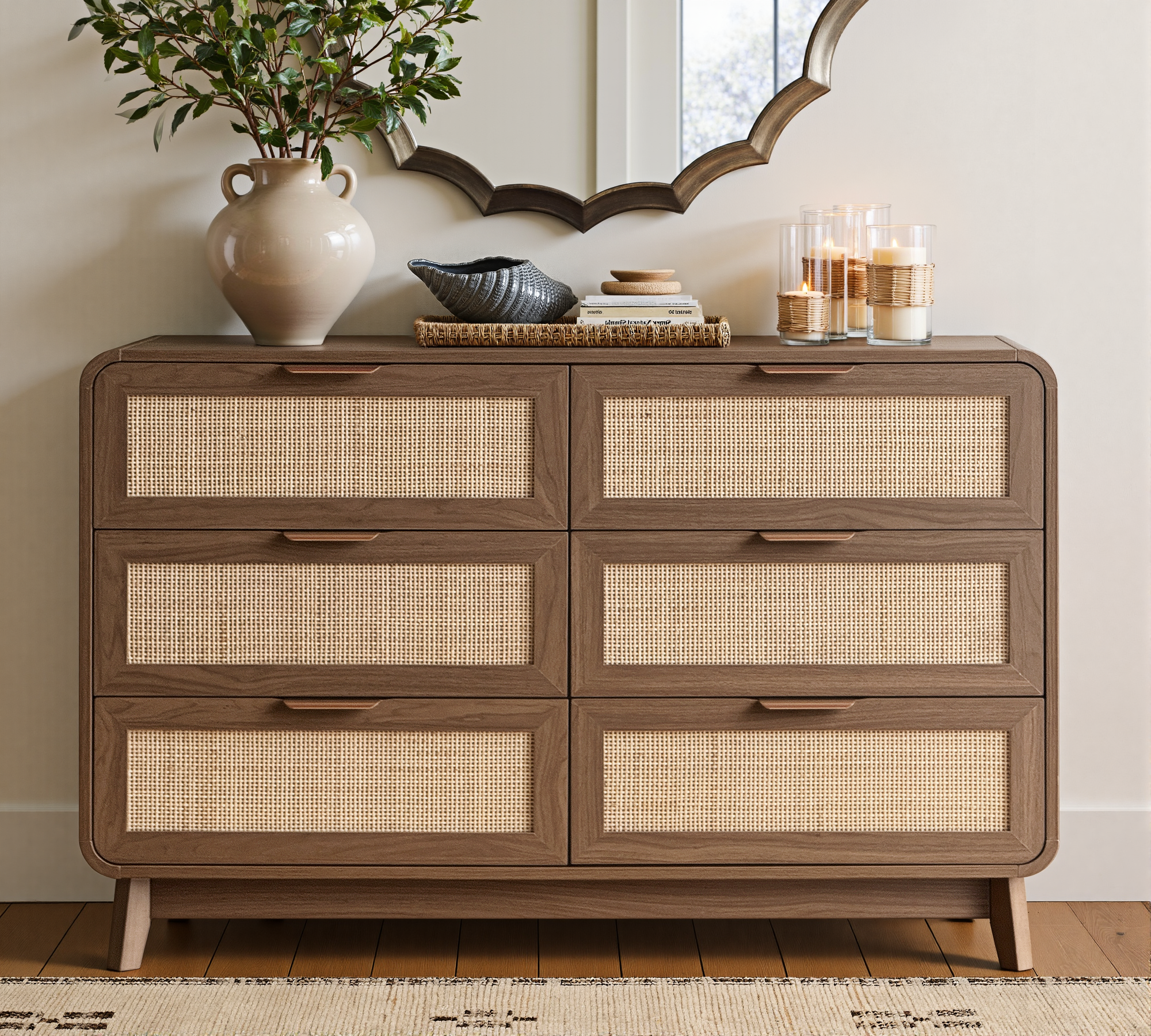 Walnut Rattan 6 Drawer dresser – Boho chic dresser – FORTUNETEC