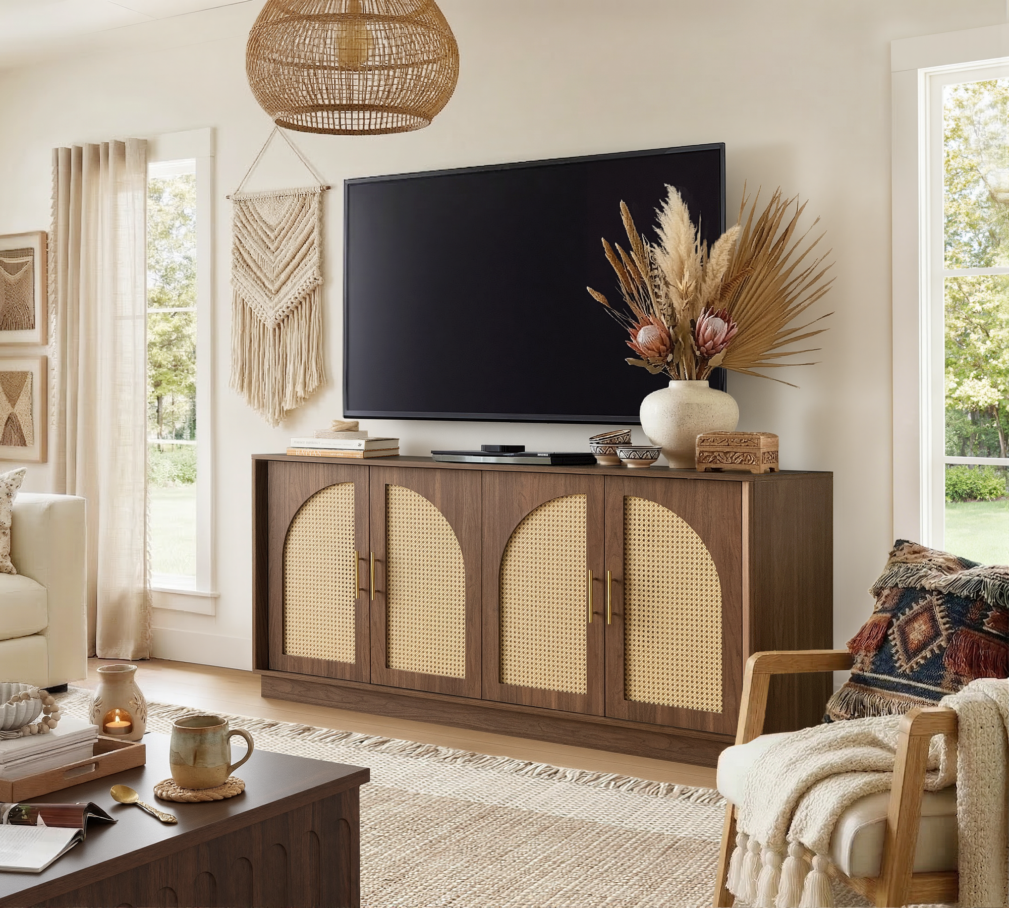 63" 4 Rattan Sideboard - Walnut Natural for Dining Room & Living Room