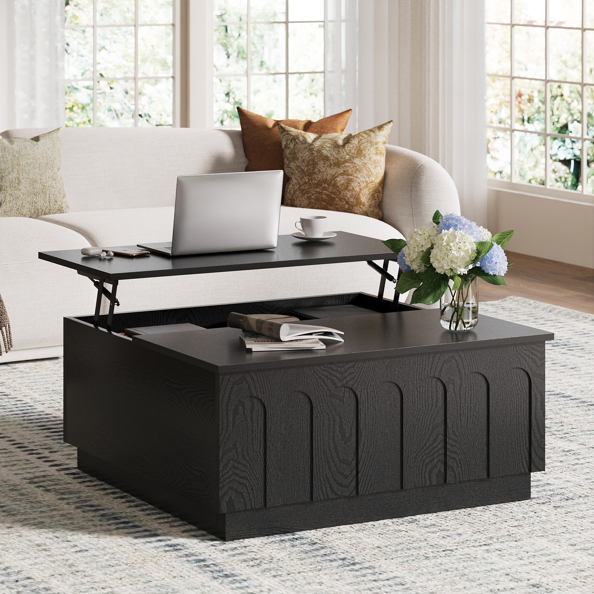 Mid-Century Modern Arched Coffee Table in Black Wood - FORTUNETEC