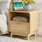 Nachttisch aus Eiche und Rattan – Boho-Nachttisch mit Schublade