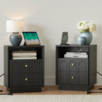 Mid-Century Black Wood Arch Nightstand with Drawers | Fortunetec
