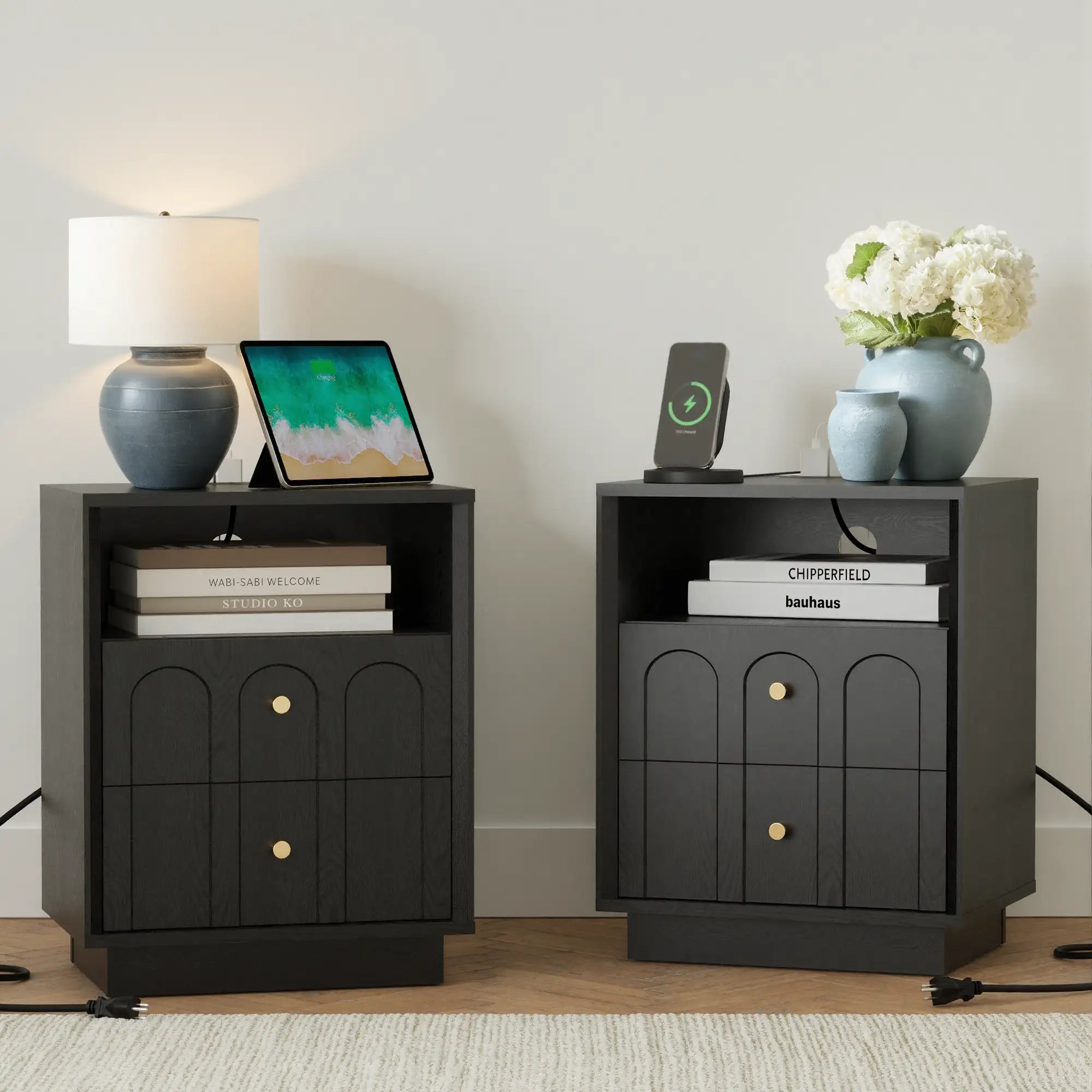 Mid-Century Black Wood Arch Nightstand with Drawers | Fortunetec