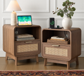 Nachttische aus Walnuss und Rattan, 2er-Pack – Boho-Beistelltische mit Schublade