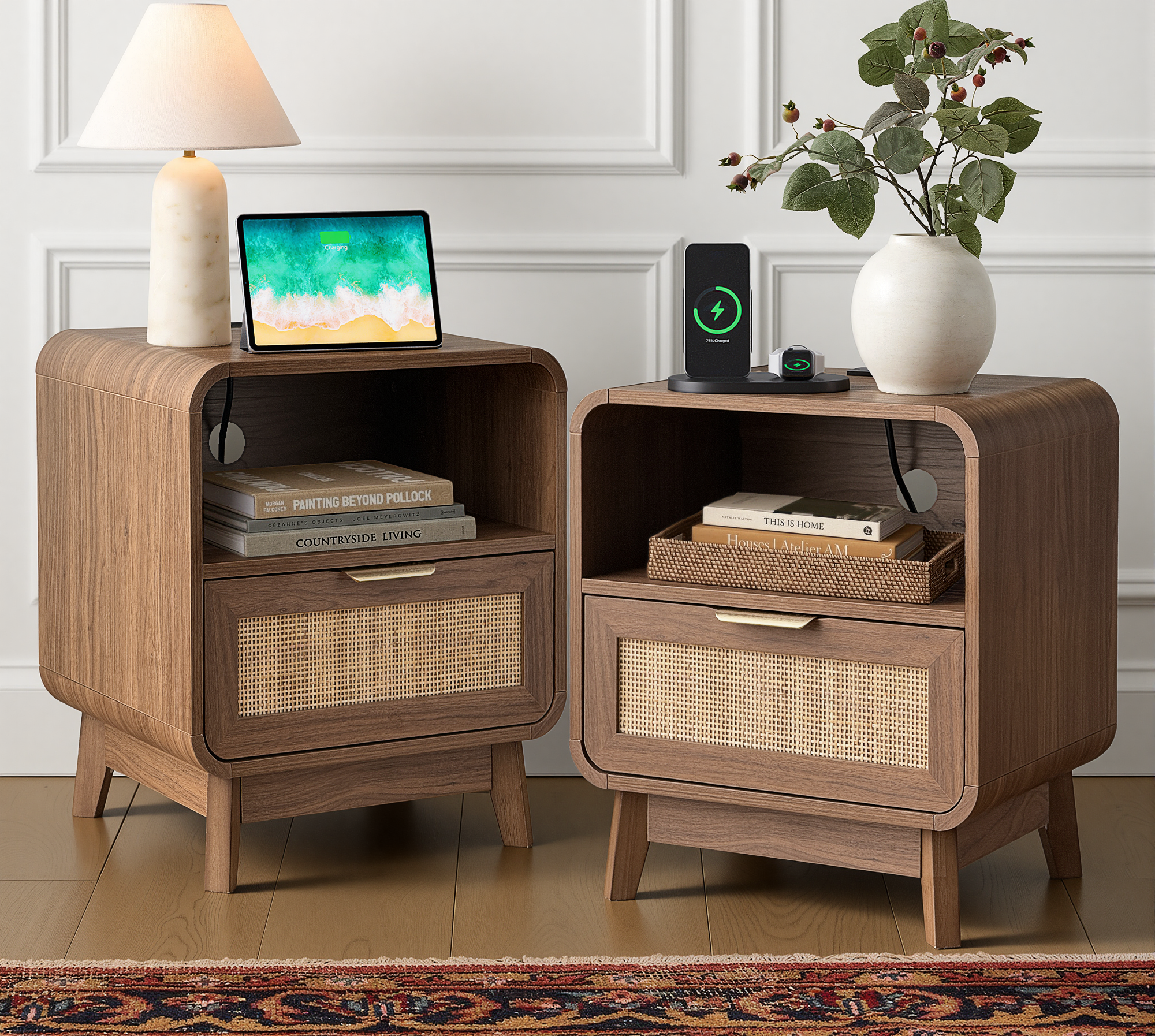 Nachttische aus Walnuss und Rattan, 2er-Pack – Boho-Beistelltische mit Schublade