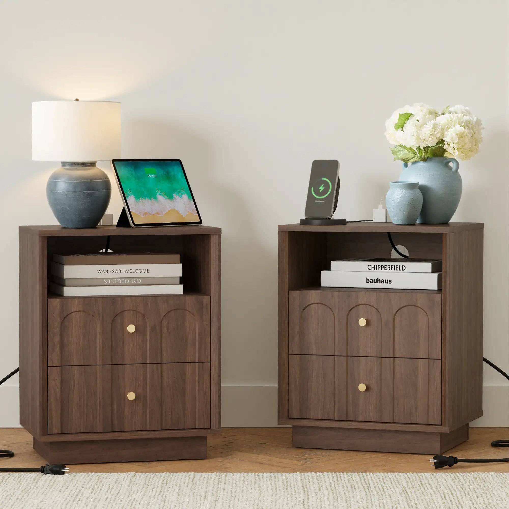 Mid-Century Walnut Nightstand with Arch Design Set 2 | Fortunetec