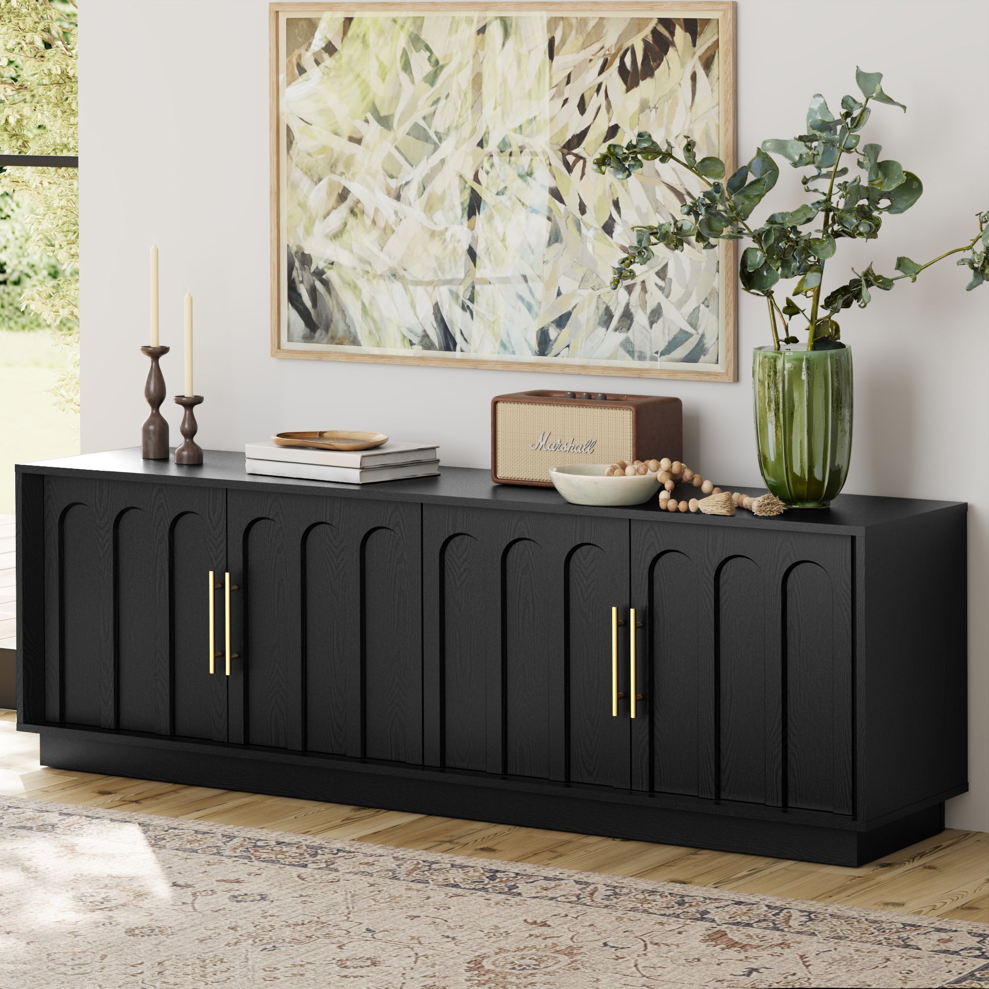 Black Wood Arched TV Stand, Mid-Century Modern Design - FORTUNETEC