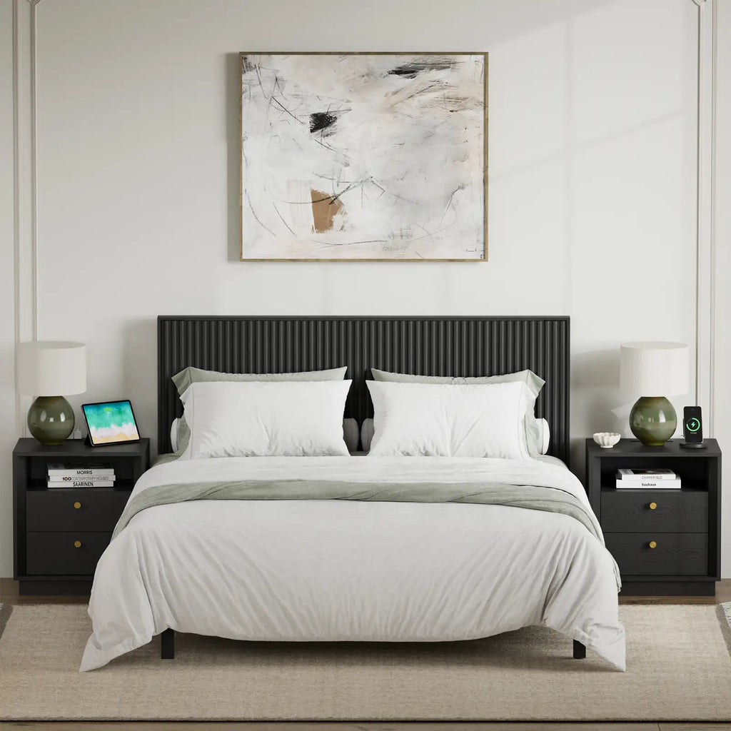 Mid-Century Modern Black Wood Nightstand with Beveled Set 2 | Fortunetec