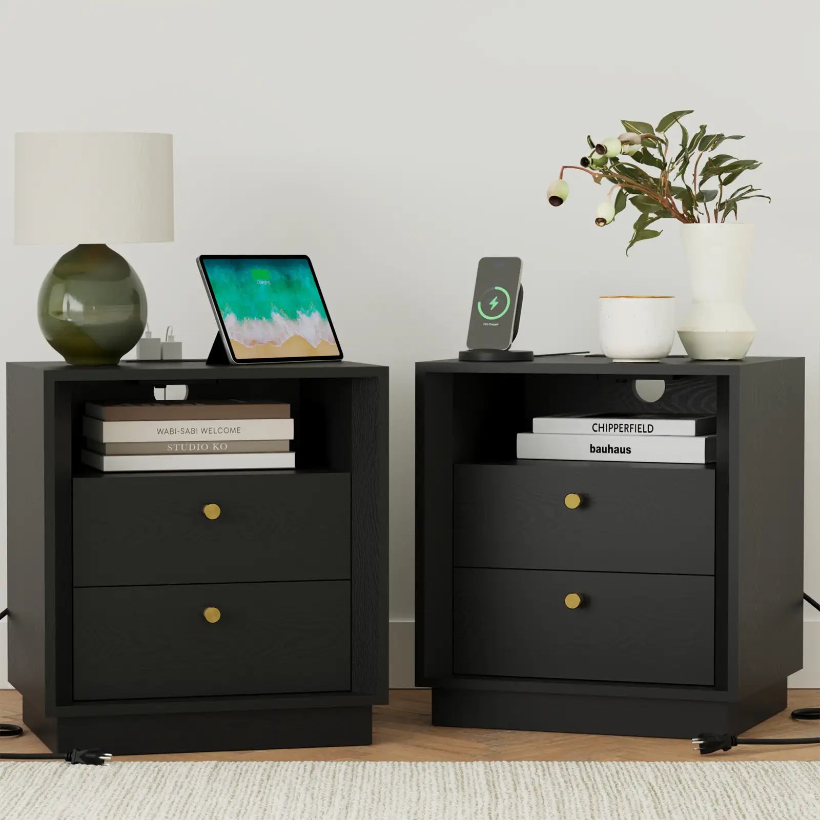Mid-Century Modern Black Wood Nightstand with Beveled | Fortunetec