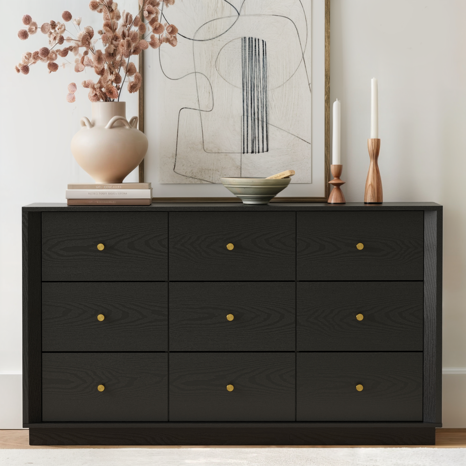 Mid-Century Modern Black Wood 9-Drawer Dresser – Wide Storage Chest for Bedroom & Living Room - FORTUNETEC