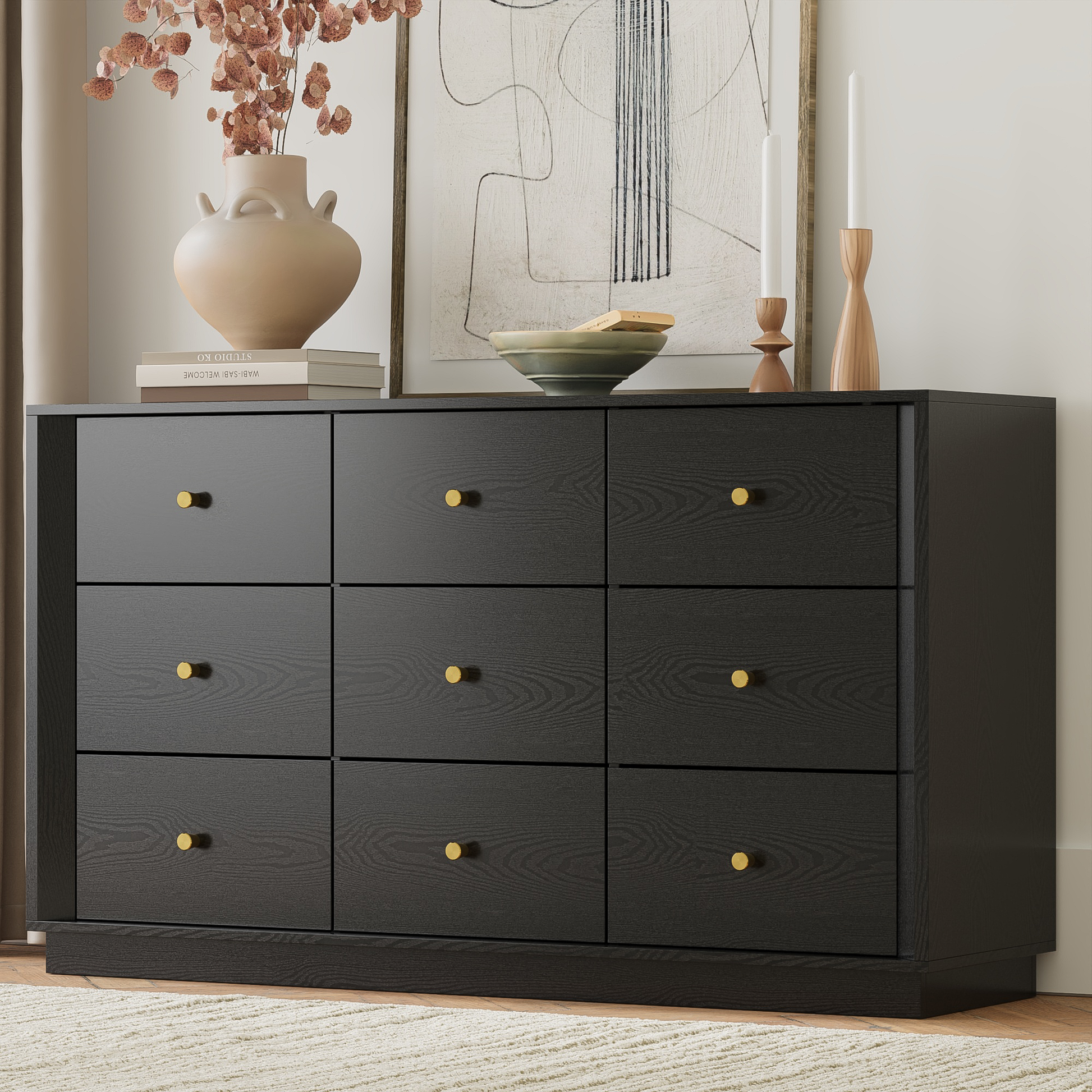 Mid-Century Modern Black Wood 9-Drawer Dresser – Wide Storage Chest for Bedroom & Living Room - FORTUNETEC