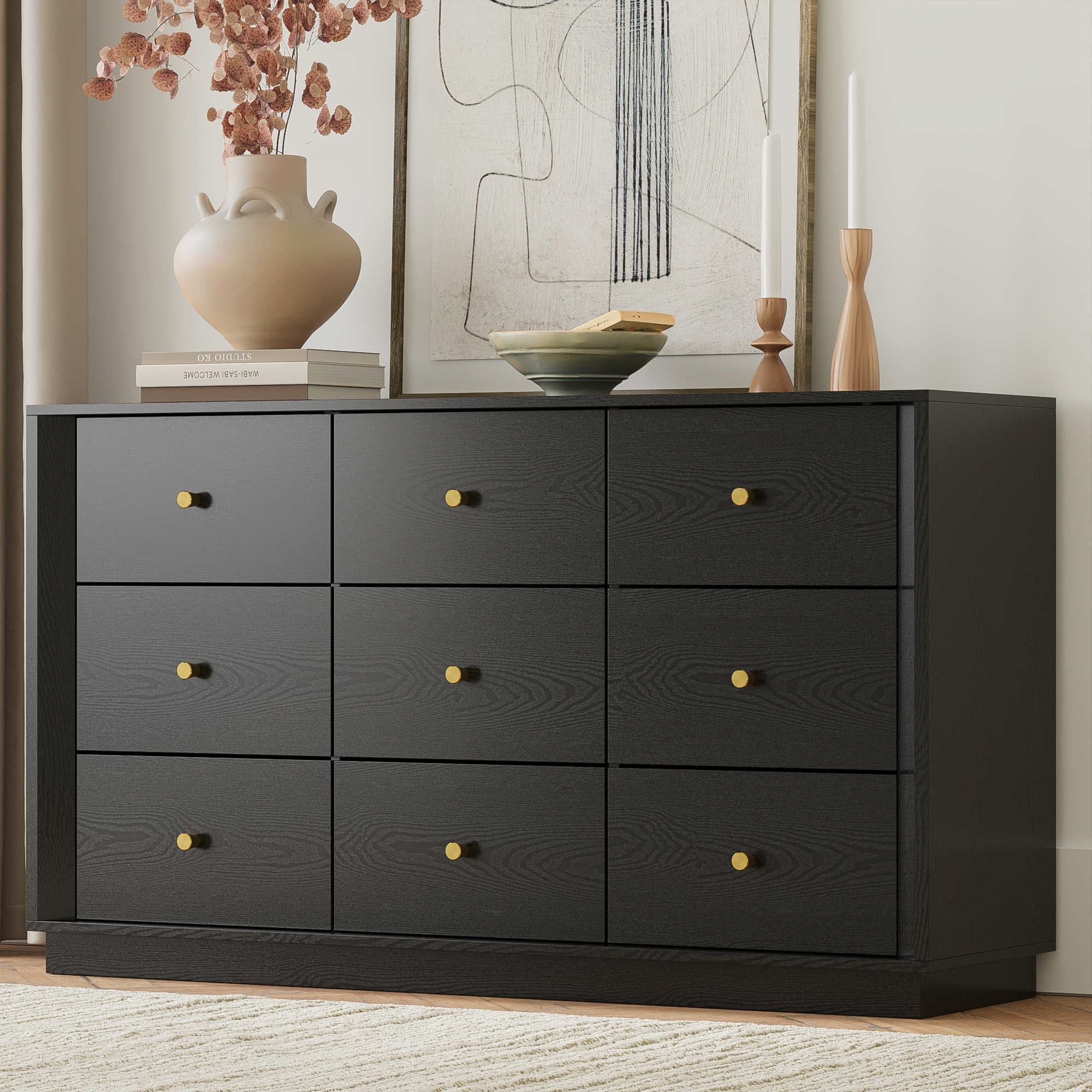 Mid-Century Modern Black Wood 9-Drawer Dresser – Wide Storage Chest for Bedroom & Living Room - FORTUNETEC