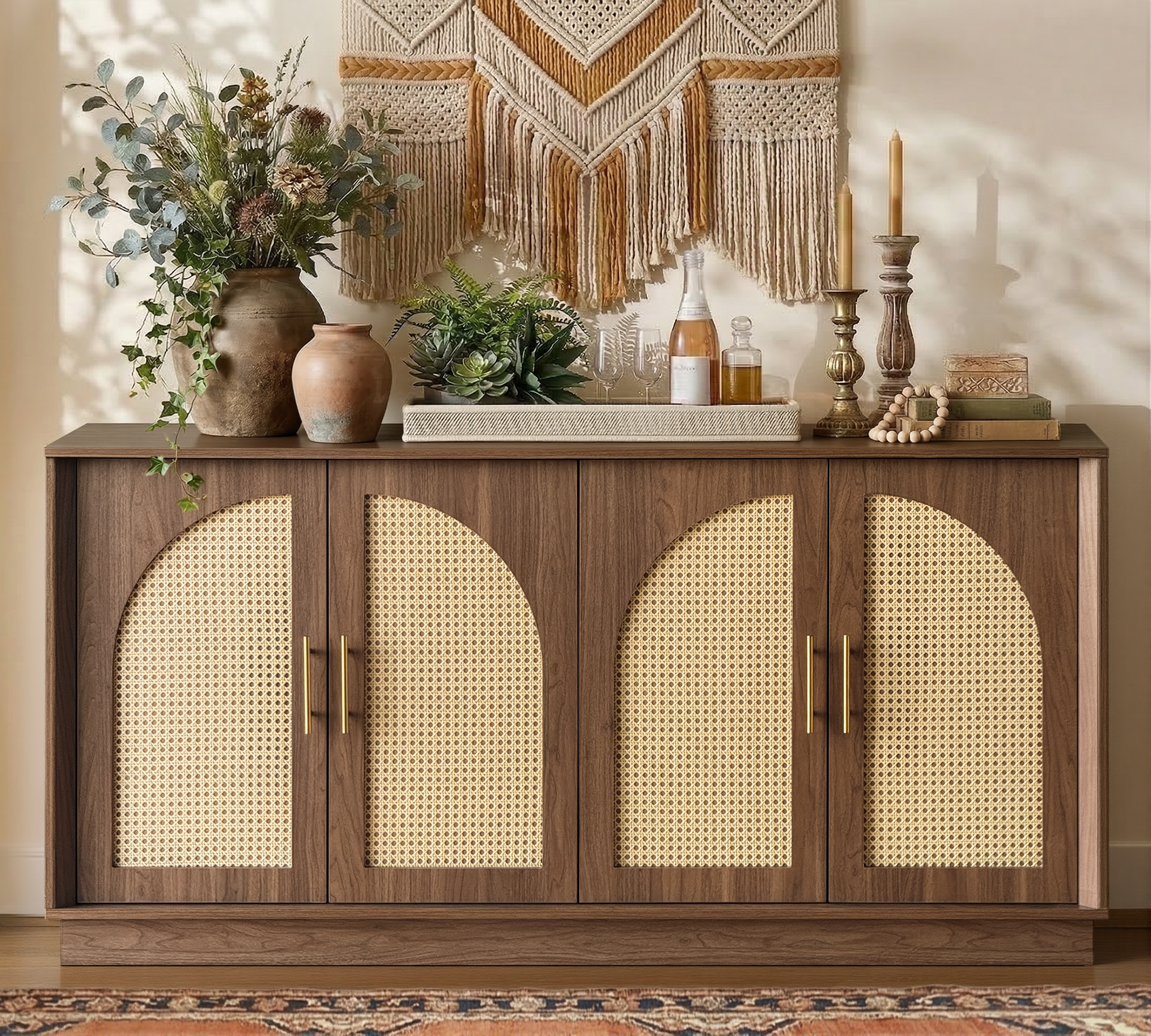 63" 4 Rattan Sideboard - Walnut Natural for Dining Room & Living Room