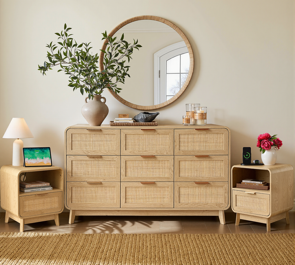 Schlafzimmerset aus Eiche und Rattan, 3-teiliges Boho-Set mit Kommode mit 9 Schubladen und Nachttischen