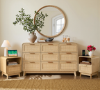 Schlafzimmerset aus Eiche und Rattan, 3-teiliges Boho-Set mit Kommode mit 9 Schubladen und Nachttischen