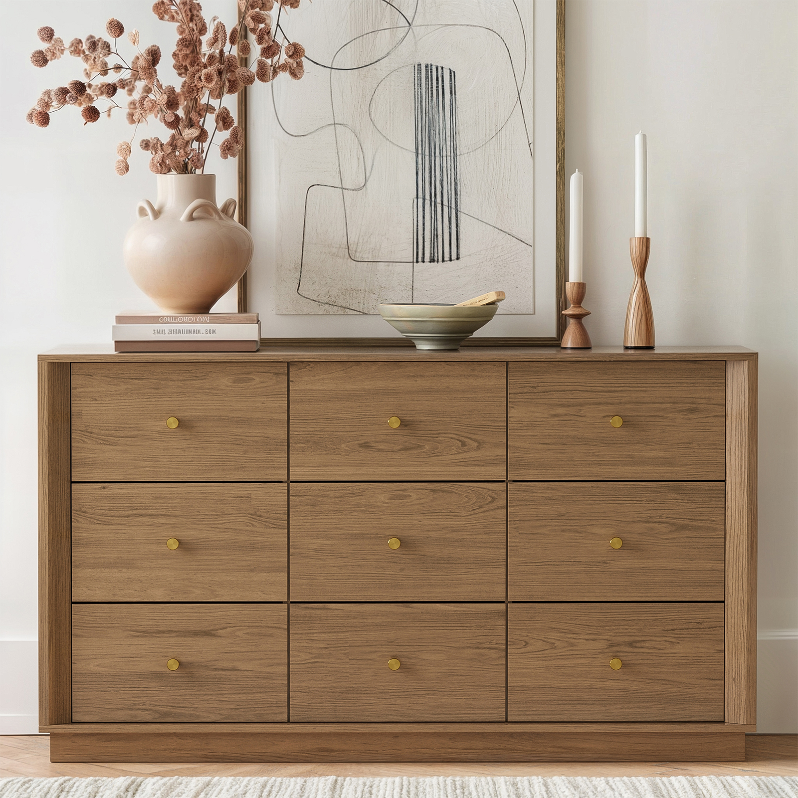 Mid-Century Modern Walnut 9-Drawer Dresser – Wide Storage Chest for Bedroom & Living Room - FORTUNETEC