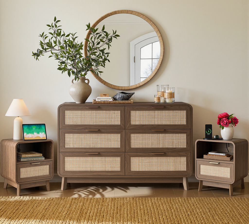 Bettzimmer-Set aus Eiche und Rattan, 3-teiliges Boho-Set mit Kommode mit 6 Schubladen und Nachttischen
