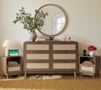 Bettzimmer-Set aus Eiche und Rattan, 3-teiliges Boho-Set mit Kommode mit 6 Schubladen und Nachttischen