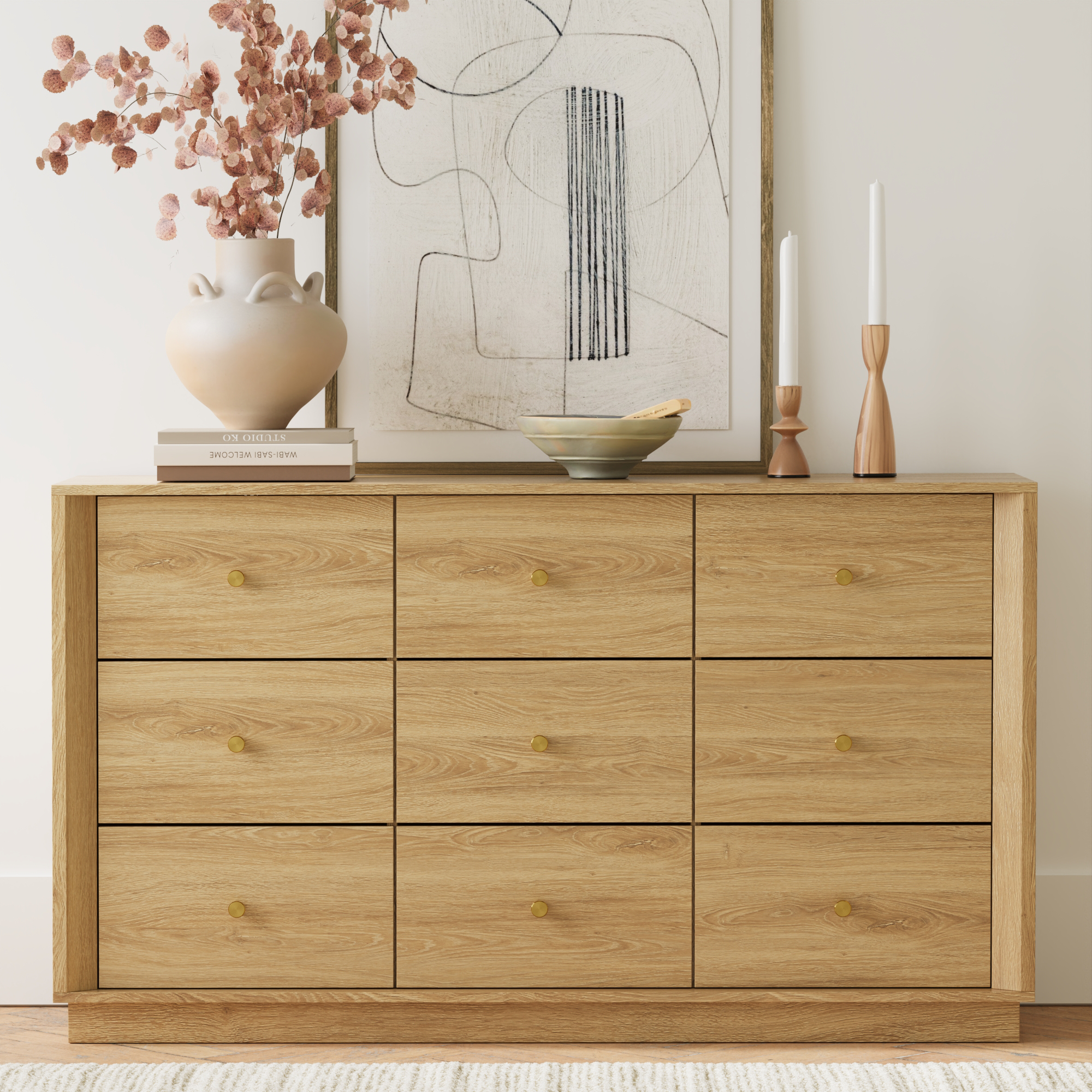 Mid-Century Modern 9-Drawer Dresser in Oak – Wide Storage Chest for Bedroom & Living Room - FORTUNETEC
