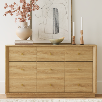 Mid-Century Modern 9-Drawer Dresser in Oak – Wide Storage Chest for Bedroom & Living Room - FORTUNETEC
