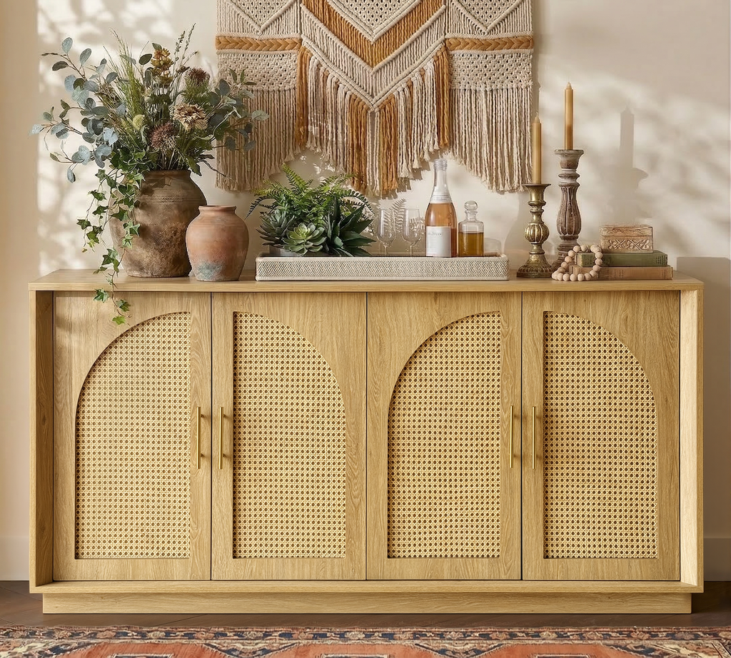 63" 4 Rattan Sideboard – Eiche Natur für Ess- & Wohnzimmer