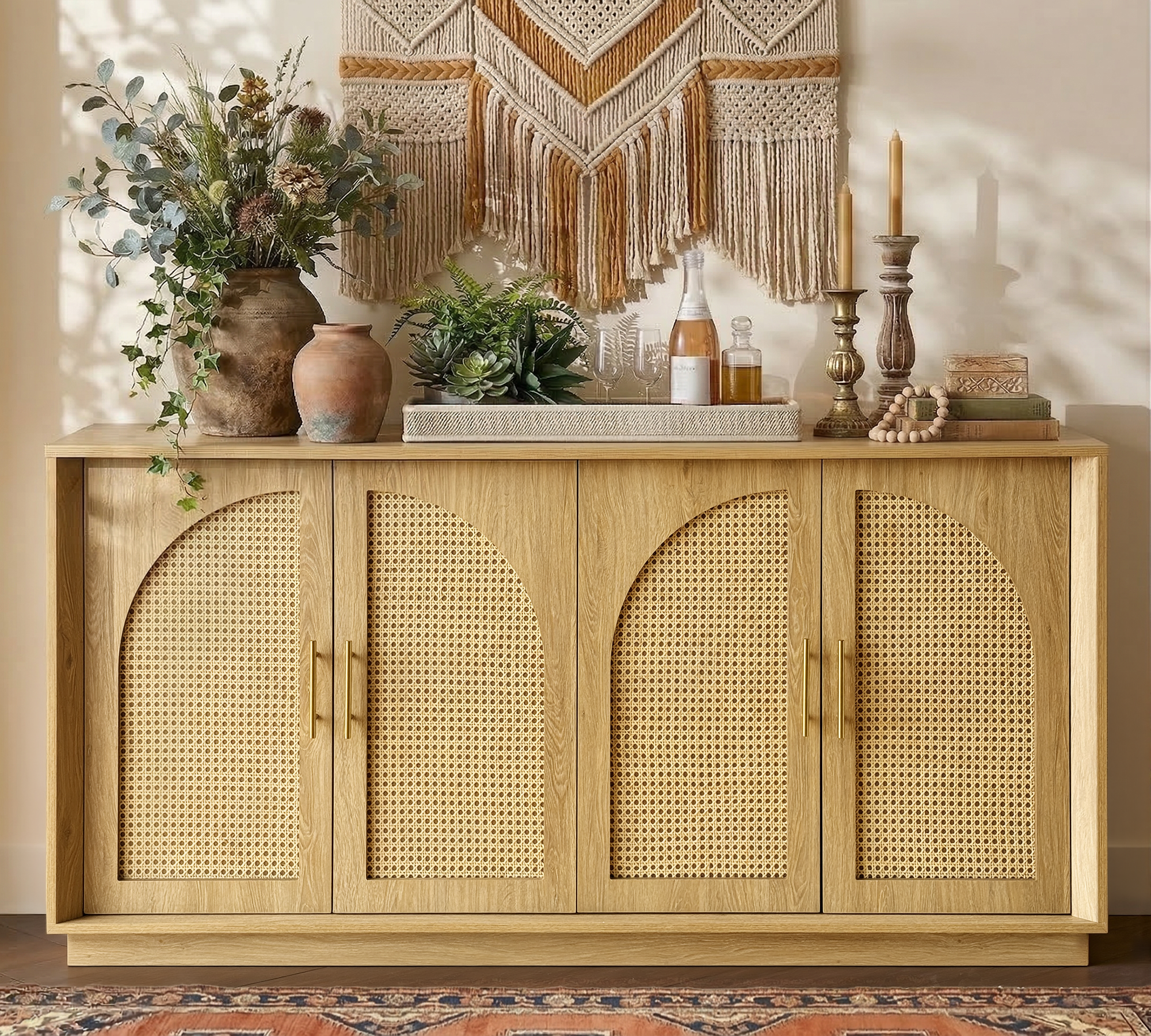 63" 4 Rattan Sideboard - Oak Natural for Dining Room & Living Room