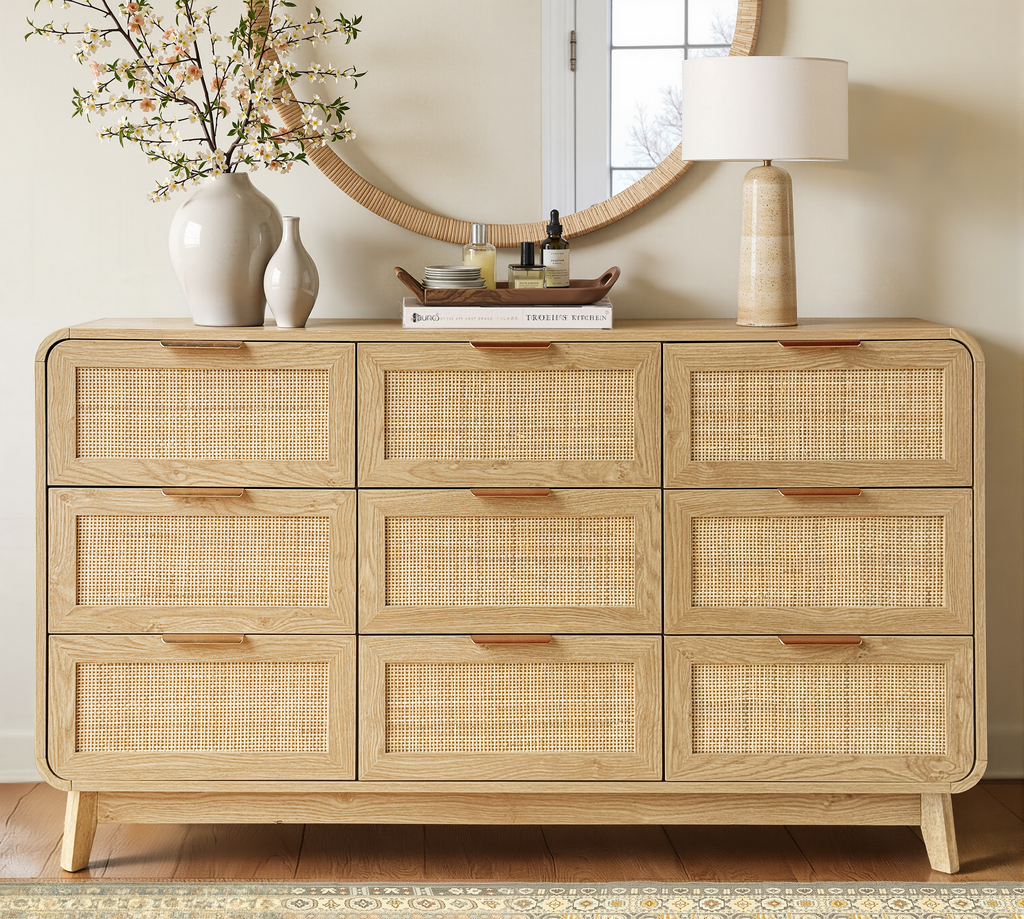 Kommode aus Eiche und Rattan mit 9 Schubladen – Boho-Chic-Kommode