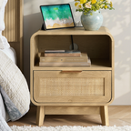 Nachttisch aus Eiche und Rattan – Boho-Nachttisch mit Schublade