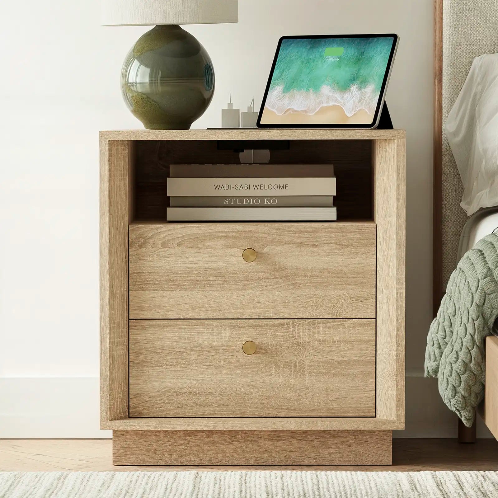 Mid-Century Modern White Oak Nightstand with Beveled | Fortunetec
