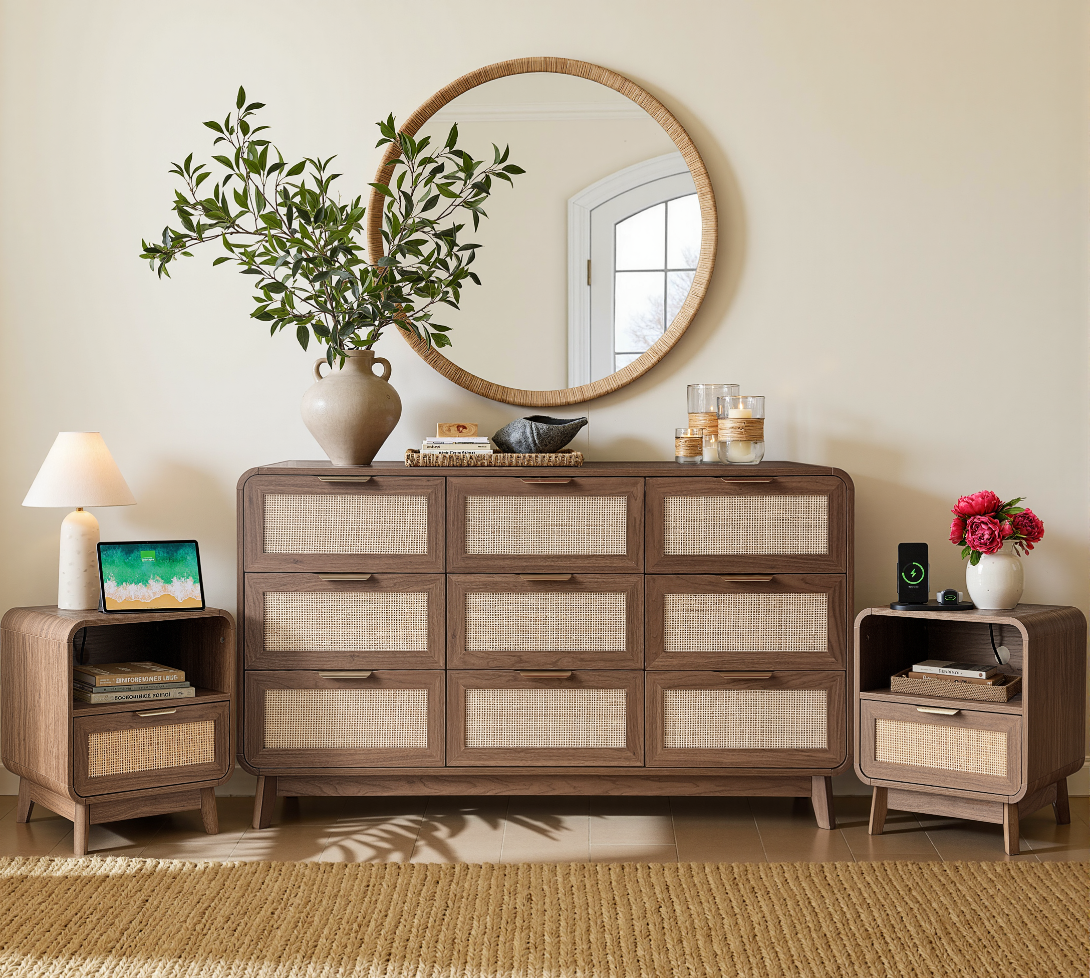 Walnuss-Rattan-Schlafzimmermöbel-Set, 3-teiliges Boho-Set mit Kommode mit 9 Schubladen und Nachttischen mit Ladestation