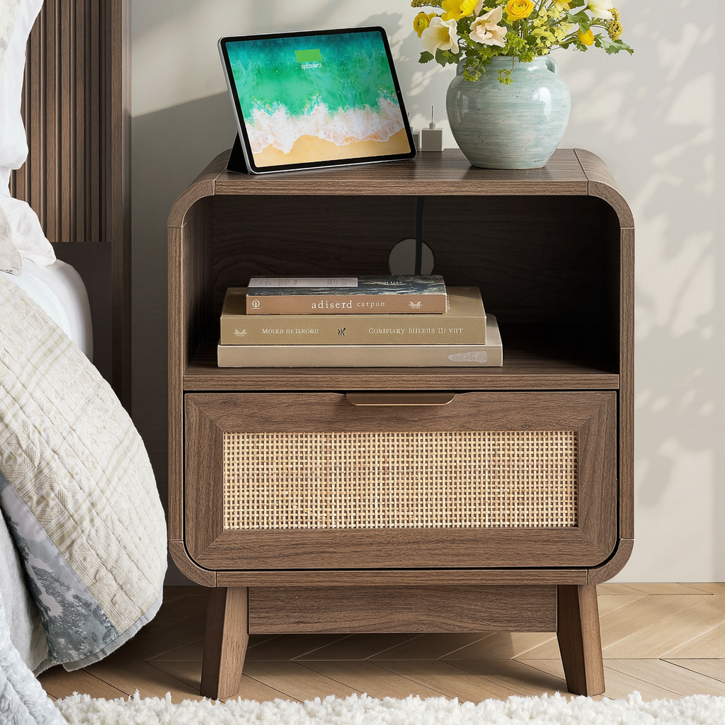 Nachttisch aus Walnuss und Rattan – Boho-Nachttisch mit Schublade