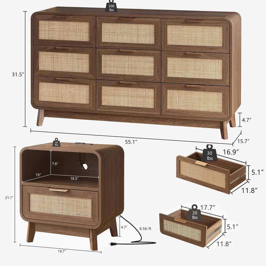 Walnuss-Rattan-Schlafzimmermöbel-Set, 3-teiliges Boho-Set mit Kommode mit 9 Schubladen und Nachttischen mit Ladestation