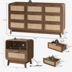 Walnuss-Rattan-Schlafzimmermöbel-Set, 3-teiliges Boho-Set mit Kommode mit 9 Schubladen und Nachttischen mit Ladestation