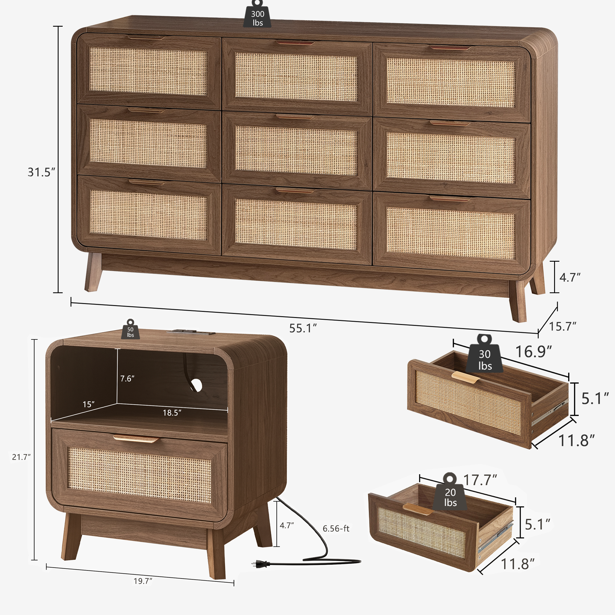Walnuss-Rattan-Schlafzimmermöbel-Set, 3-teiliges Boho-Set mit Kommode mit 9 Schubladen und Nachttischen mit Ladestation