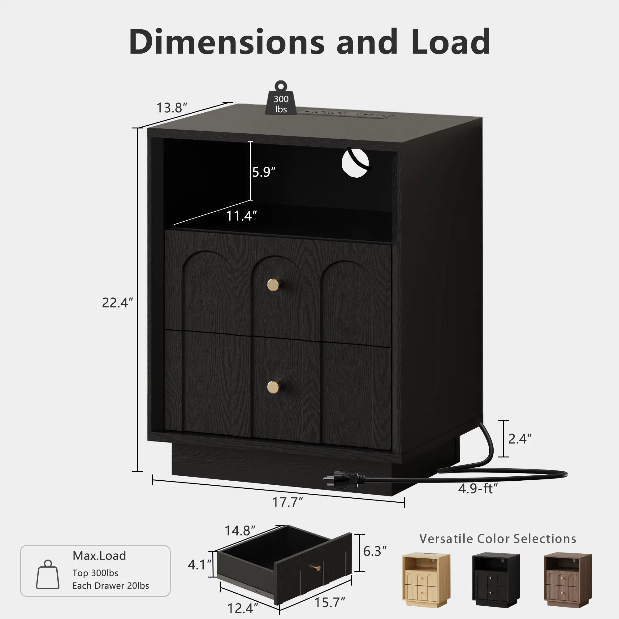 Mid-Century Black Wood Arch Nightstand with Drawers | Fortunetec