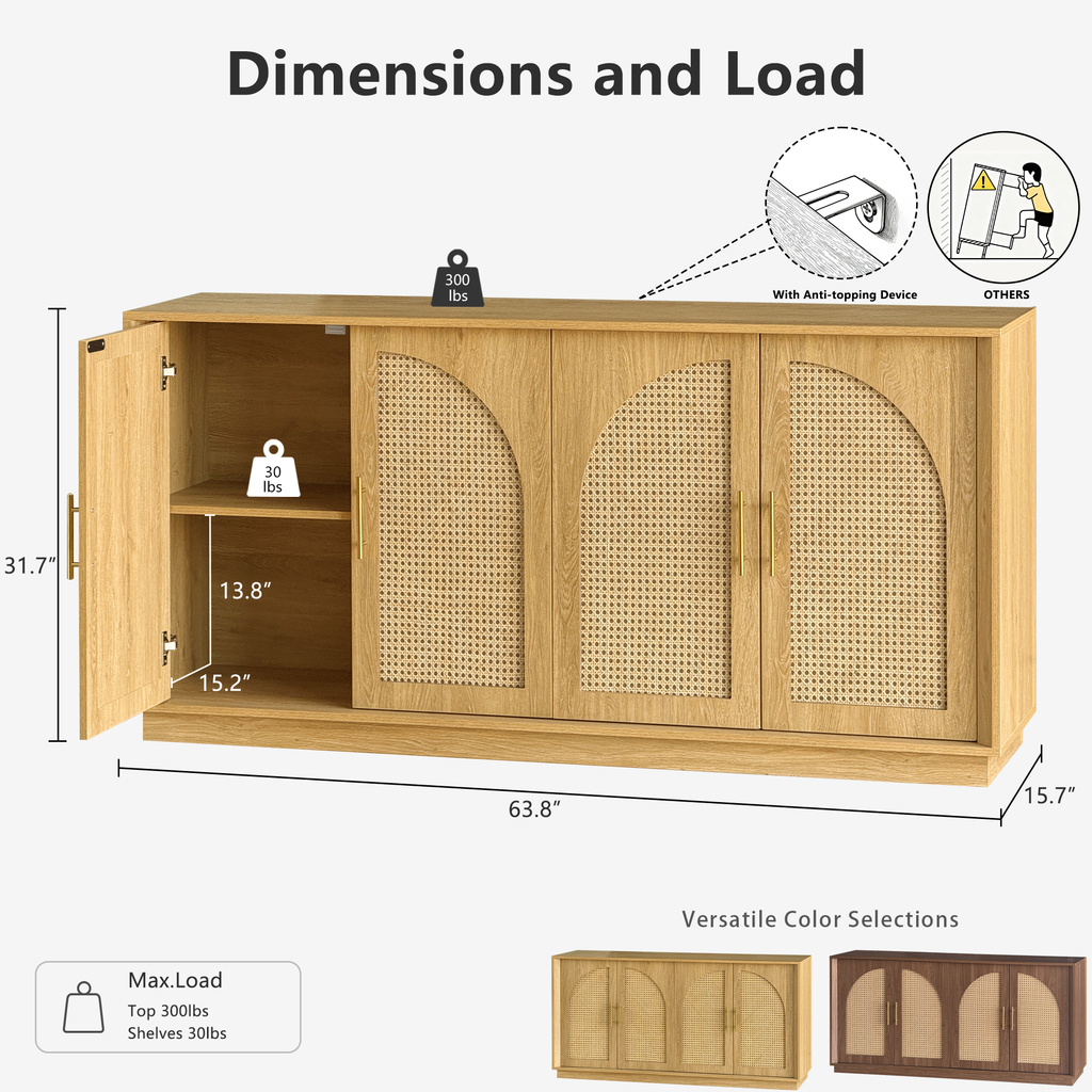 63" 4 Rattan Sideboard – Eiche Natur für Ess- & Wohnzimmer
