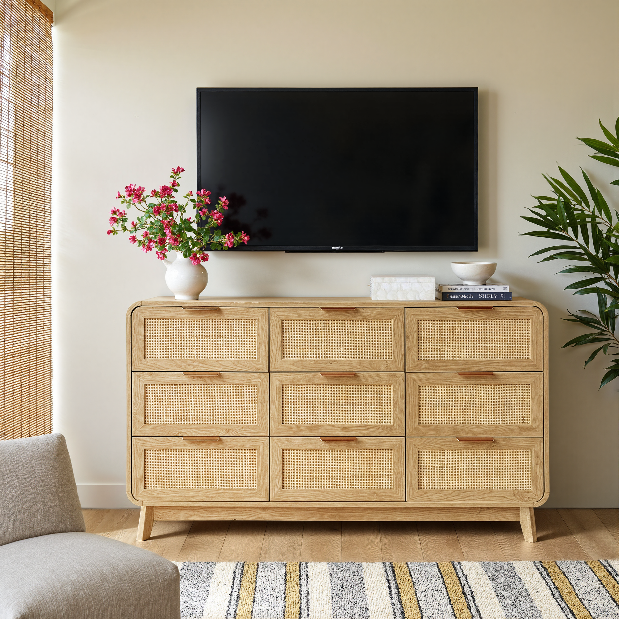 Kommode aus Eiche und Rattan mit 9 Schubladen – Boho-Chic-Kommode