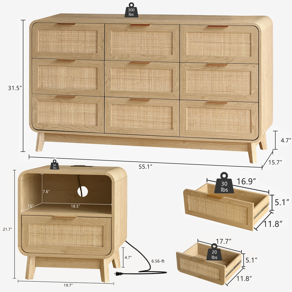 Schlafzimmerset aus Eiche und Rattan, 3-teiliges Boho-Set mit Kommode mit 9 Schubladen und Nachttischen