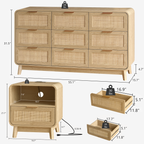 Schlafzimmerset aus Eiche und Rattan, 3-teiliges Boho-Set mit Kommode mit 9 Schubladen und Nachttischen