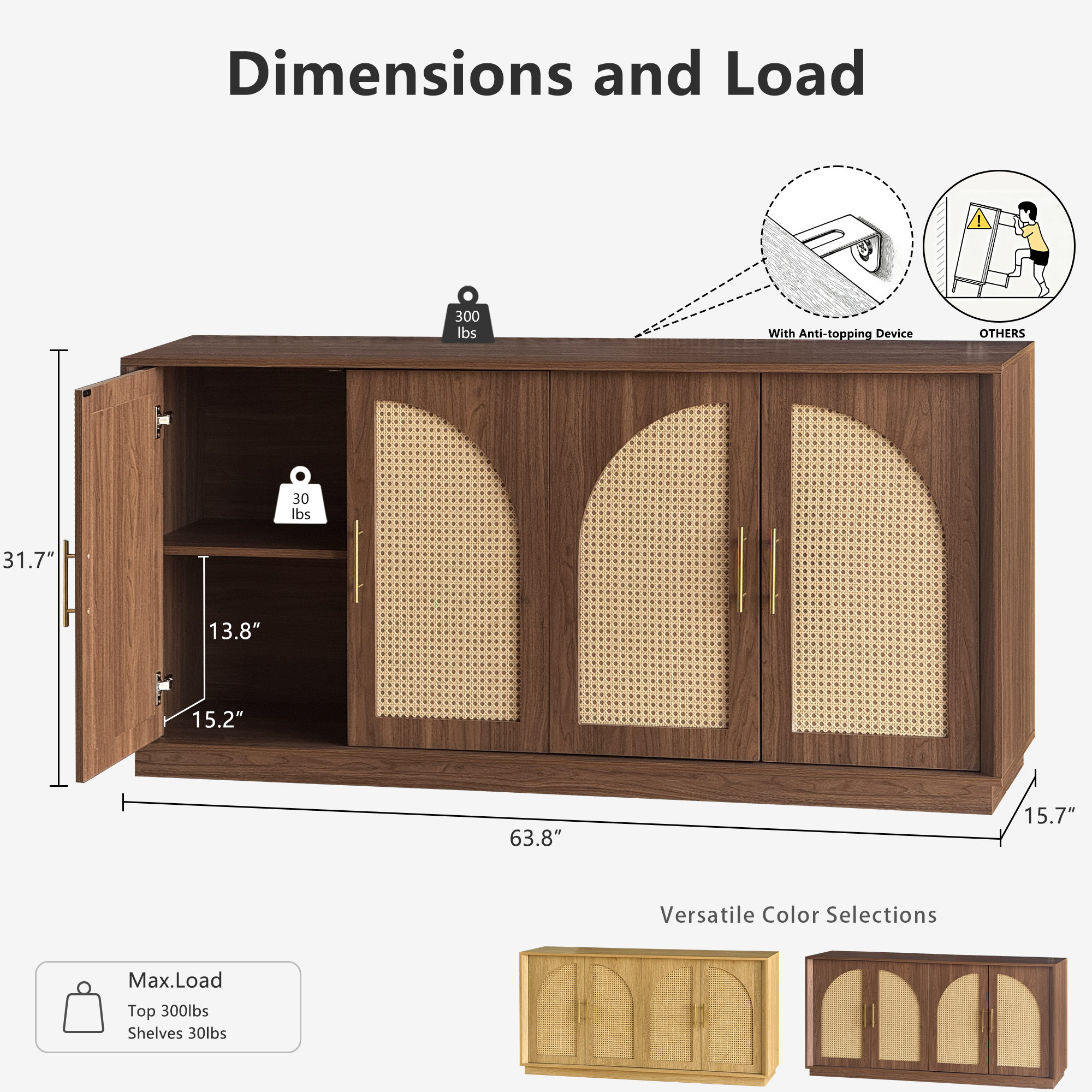 63" 4 Rattan Sideboard - Walnuss Natur für Esszimmer & Wohnzimmer