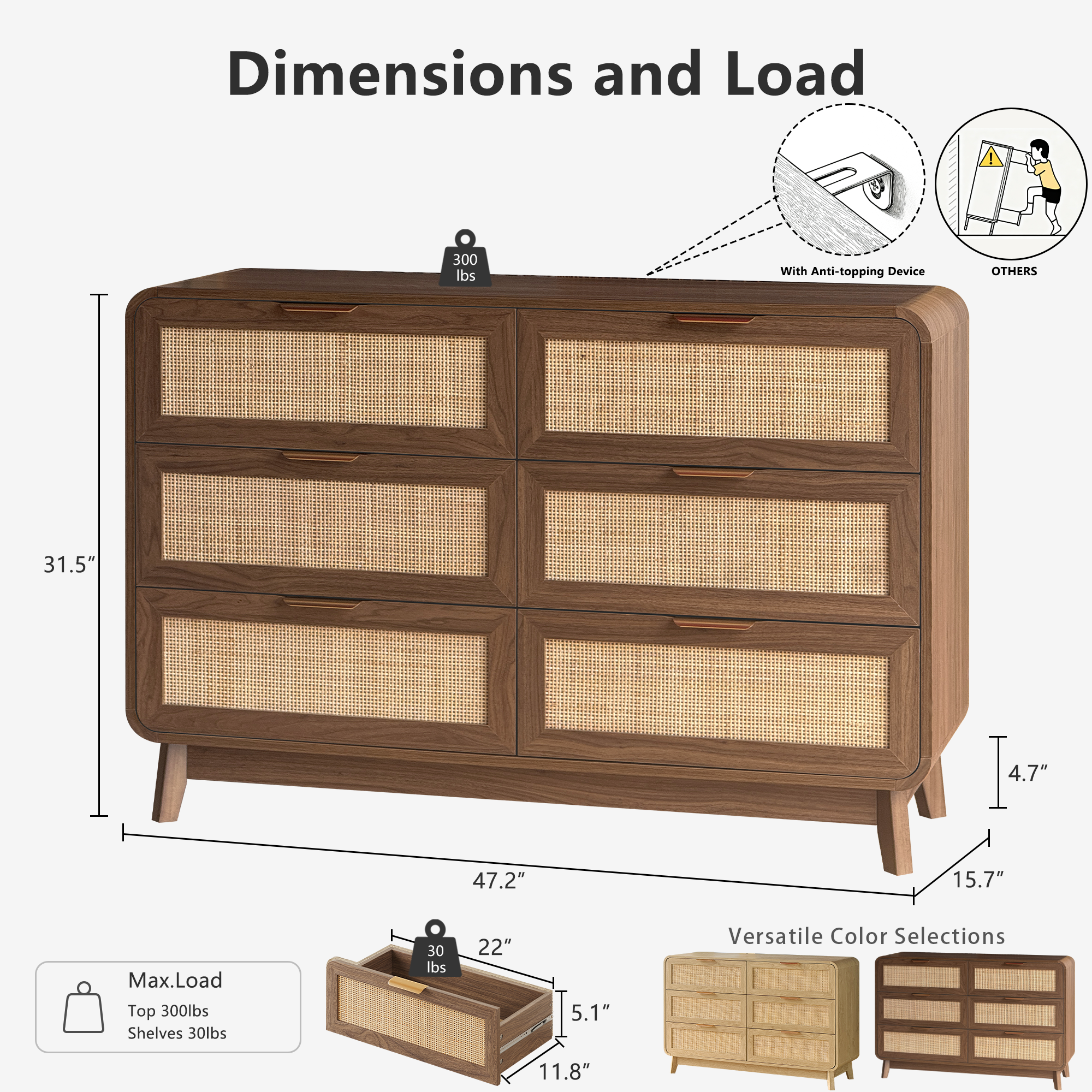 Nussbaum Rattan Kommode mit 6 Schubladen – Boho Chic Kommode
