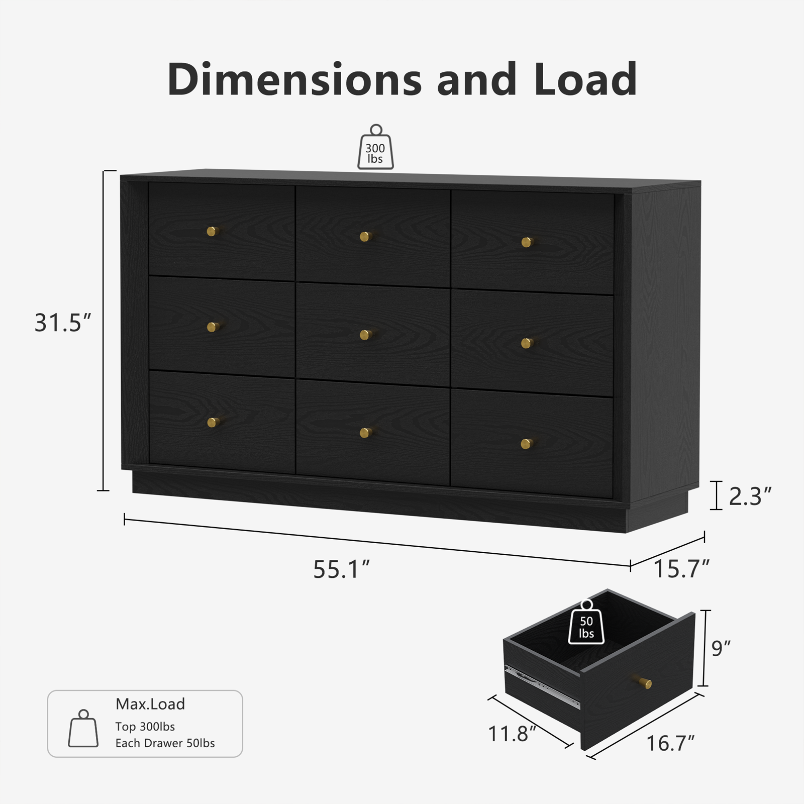 Mid-Century Modern Black Wood 9-Drawer Dresser – Wide Storage Chest for Bedroom & Living Room - FORTUNETEC