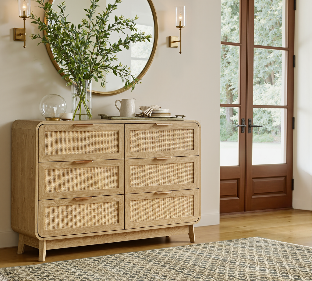 Eichen-Rattan-Kommode mit 6 Schubladen – Boho-Chic-Kommode