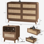 Bettzimmer-Set aus Eiche und Rattan, 3-teiliges Boho-Set mit Kommode mit 6 Schubladen und Nachttischen