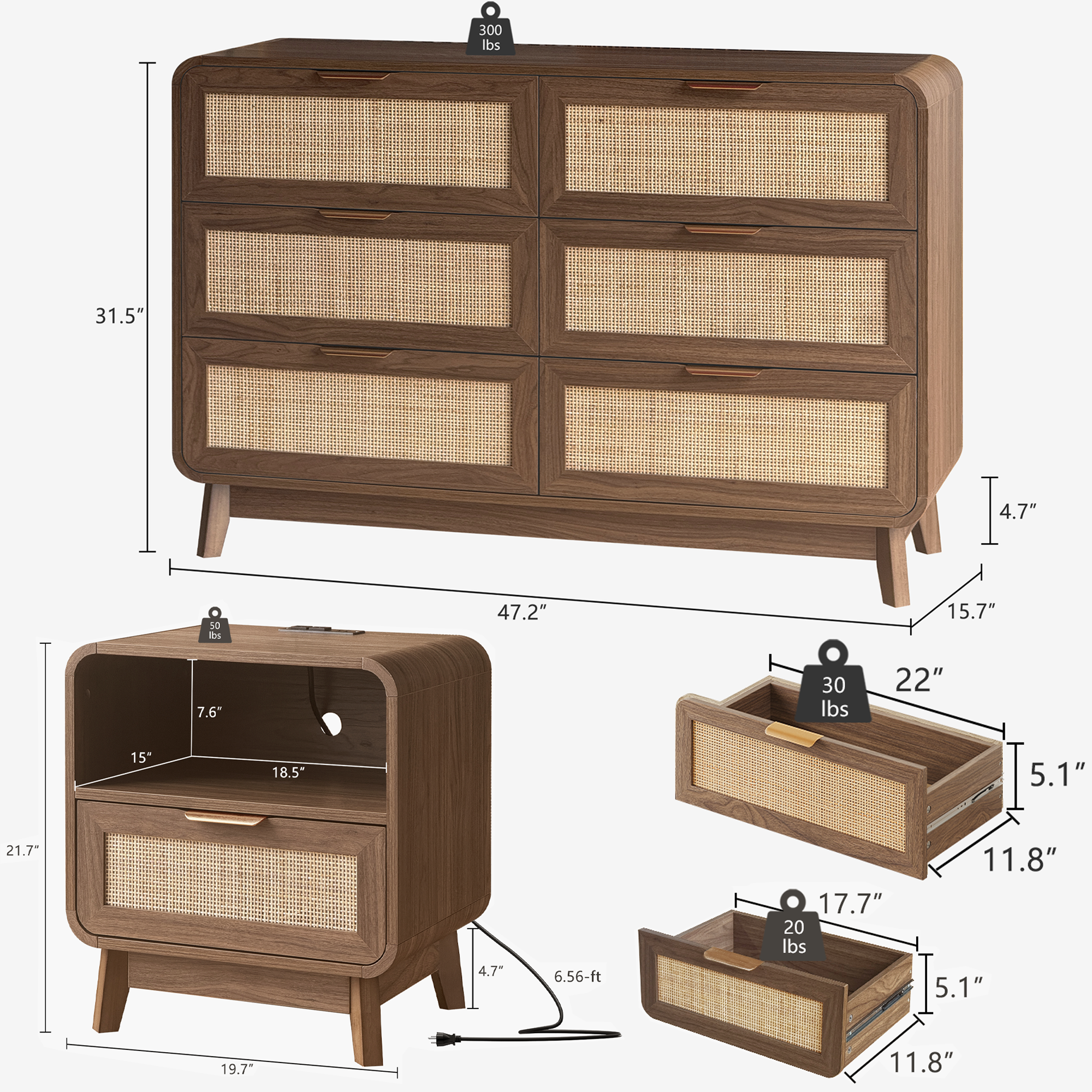 Bettzimmer-Set aus Eiche und Rattan, 3-teiliges Boho-Set mit Kommode mit 6 Schubladen und Nachttischen