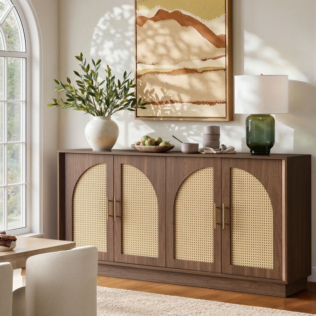 63" 4 Rattan Sideboard - Walnuss Natur für Esszimmer & Wohnzimmer