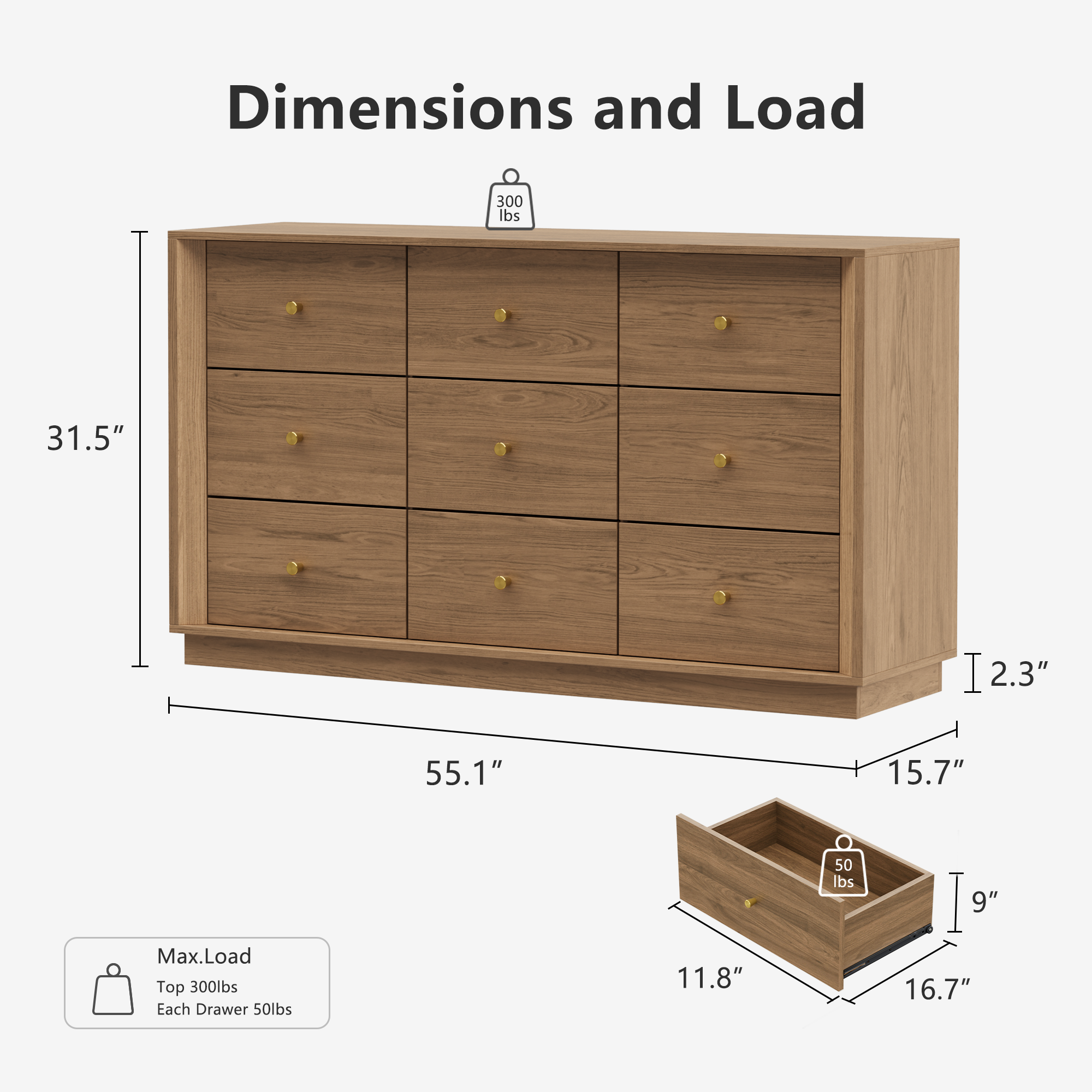 Mid-Century Modern Walnut 9-Drawer Dresser – Wide Storage Chest for Bedroom & Living Room - FORTUNETEC