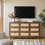 Kommode aus Nussbaum und Rattan mit 9 Schubladen – Kommode im Boho Chic