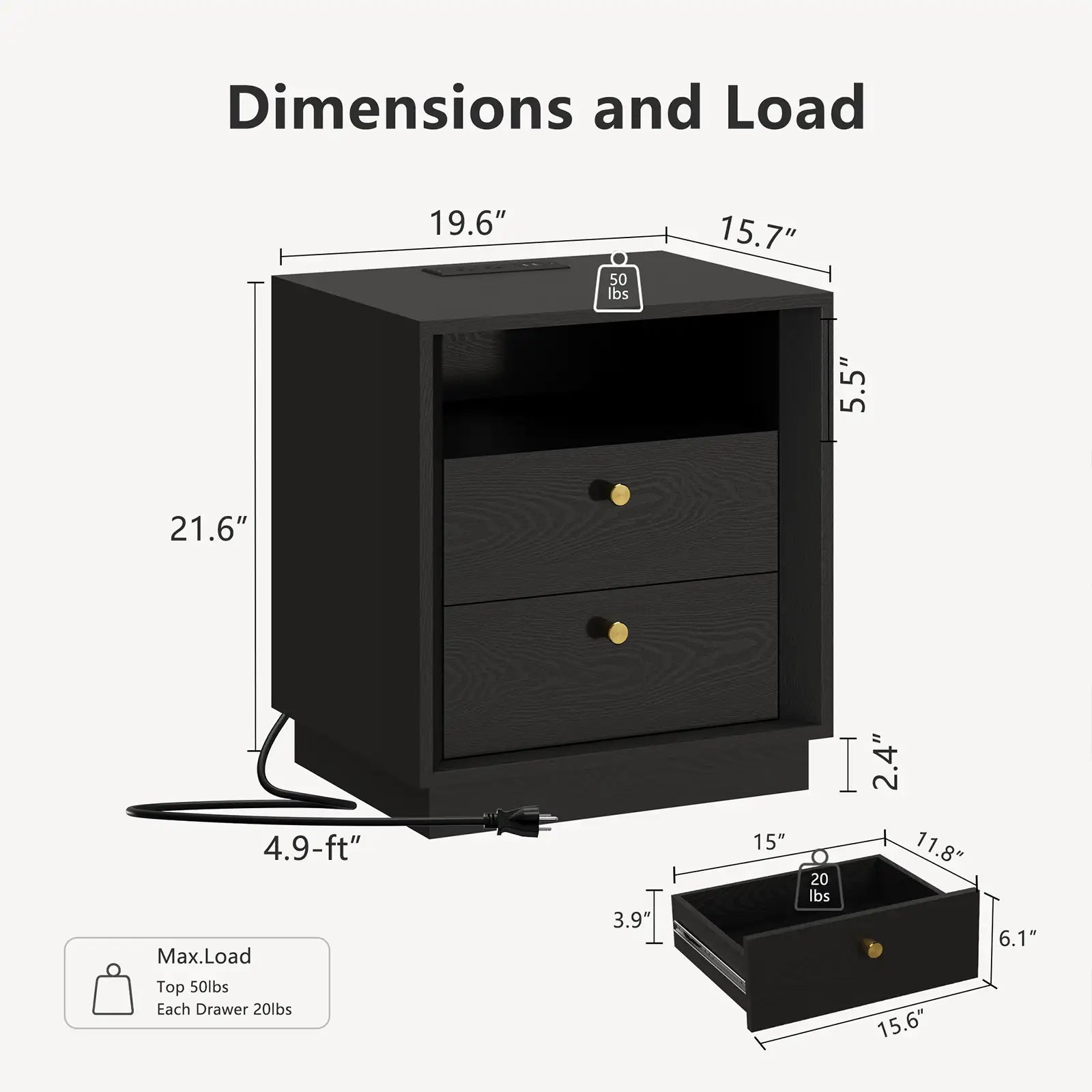 Mid-Century Modern Black Wood Nightstand with Beveled | Fortunetec