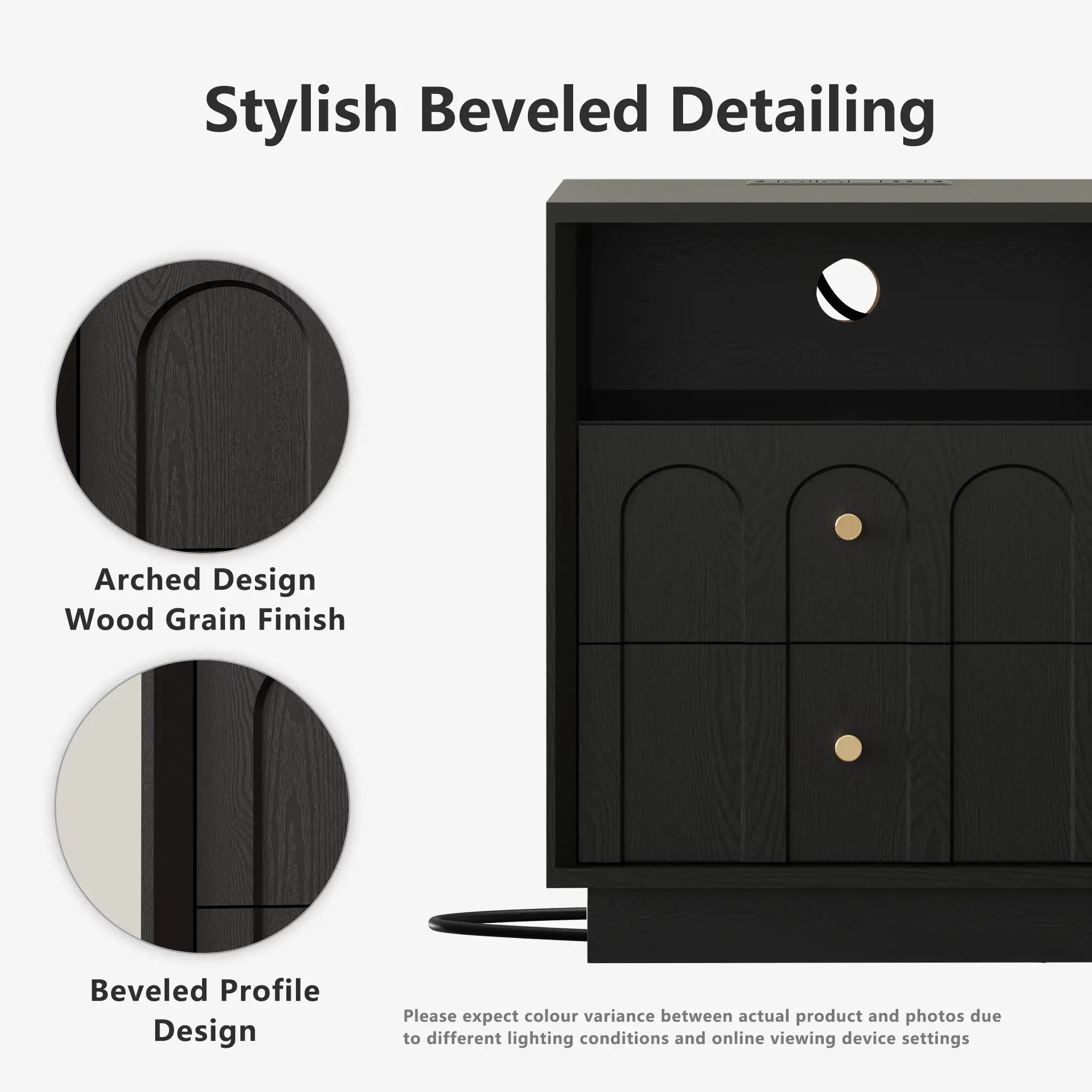 Mid-Century Black Wood Arch Nightstand with Drawers | Fortunetec