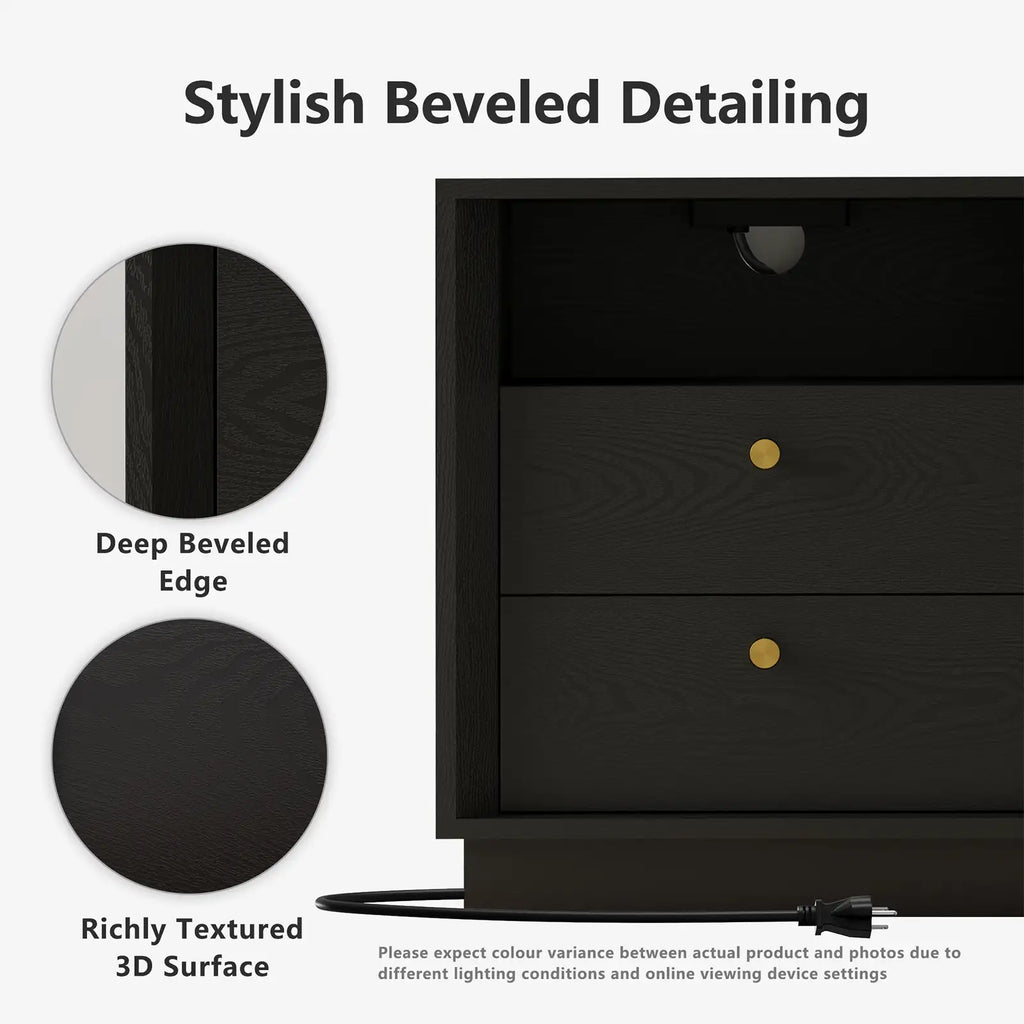 Mid-Century Modern Black Wood Nightstand with Beveled Set 2 | Fortunetec